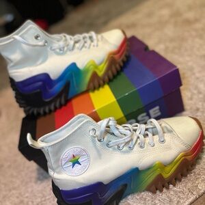 Converse White High-Tops with Rainbow Soles